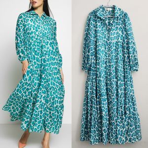 Diane Von Furstenberg Kiara Tiered Silk Blend Midi Dress Turquoise Leopard Sz L